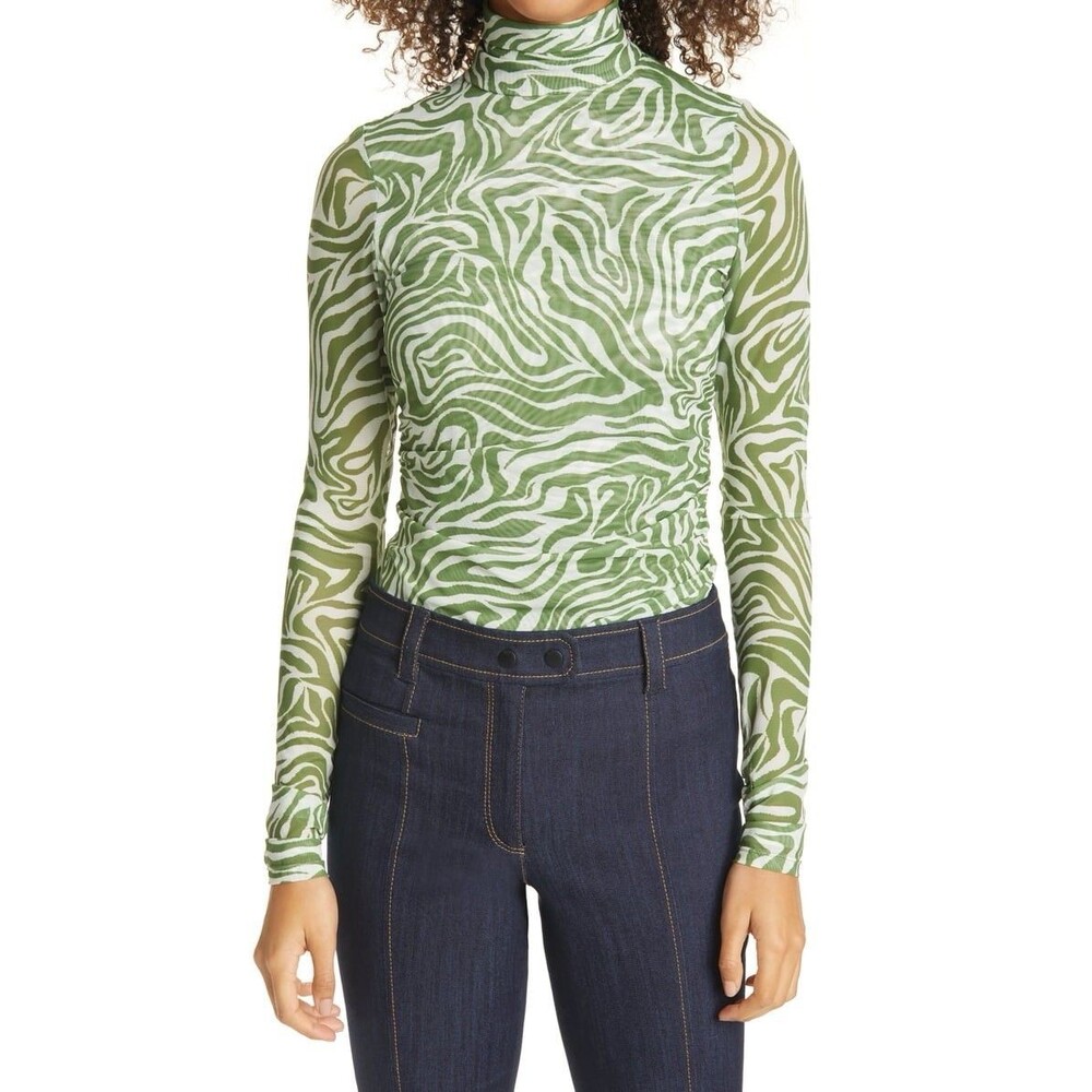 Cinq à Sept Woodblock Zebra Shirred Green White Mesh Turtleneck Women's XS